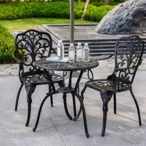 Withniture 3 Piece Patio Bistro Set Cast Aluminum Bistro Table and Chairs Set of 2 with Umbrella Hole,All Weather Metal Bistro Table Set,Outdoor Patio Furniture Set for Garden(Butterfly Black) - Image 2