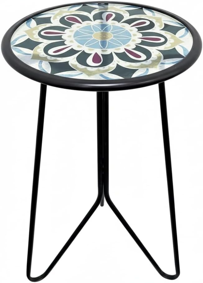LIFFY Outdoor Side Table,12" Indoor Small Round Glass Tabletop Accent Table with Metal Frame, Decorative Plant Stand & End Table for Patio, Garden, Yard, Home, Porch