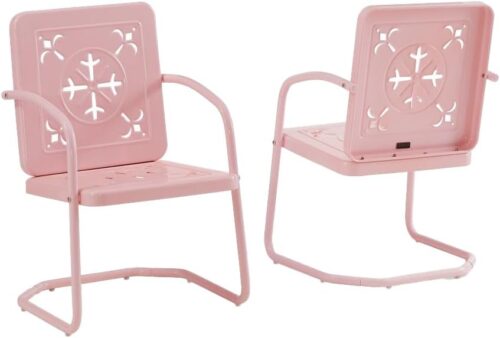Crosley Furniture Azalea 2-Piece Outdoor Chair Set, Vintage Retro Metal Patio Chairs for Dining, Porch, Deck, Pastel Pink Gloss