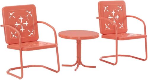 Crosley Furniture Azalea 3-Piece Vintage Outdoor Chair and Side Table Set, Retro Metal Patio Conversation Sets, Coral Gloss