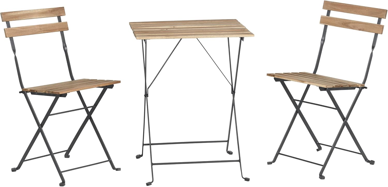 Folding Patio Bistro Set u2013 3-Piece Acacia Wood and Steel Café Table and Chairs for Porch, Deck, Garden, or Balcony Furniture by Lavish Home (Brown)