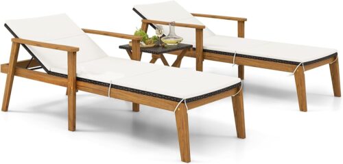Tangkula 3 Piece Outdoor Chaise Lounge Chair Set, 2 Rattan Cushioned Patio Chaise w/Folding Coffee Table, 4-Level Backrest Adjustment, Heavy Duty Acacia Wood Frame, for Poolside, Backyard (Off White)