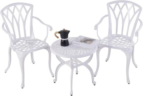 Jardin DE CENTENNAIL 3-Piece Outdoor Bistro Set Cast Aluminum Rust-Resistant Patio Furniture Armchairs Design (White)
