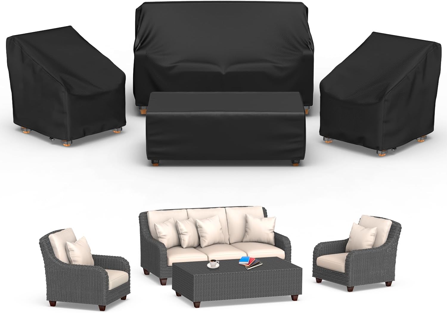 Mrrihand Patio Furniture Covers, 4 Piece Outdoor Furniture Cover Waterproof includ Ourdoor Sofa Cover, 2 Chair Covers, Coffee Table Cover with Windproof Buckle Strap and Adjustable Drawstring-Black