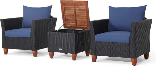 Tangkula 3 Piece Patio Furniture Set, Patiojoy Outdoor Wicker Rattan Bistro Sofa Set w/Washable Cushion, Acacia Wood Top Coffee Table, Conversation Set for Balcony Backyard Porch (Blue)