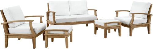 Modway Marina Premium Grade A Teak Wood 5-Piece Outdoor Patio Furniture Set in Natural White