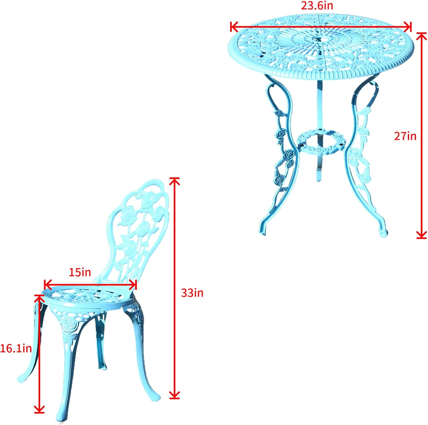 KAILI Outdoor Furniture Bistro Set with Rose Pattern 1 Table 2 Chairs for Garden Patio Porch (Rose-Light Blue) - Image 2