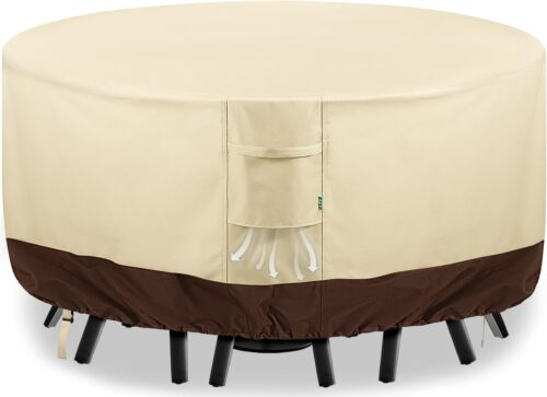 Round Patio Furniture Covers, 78" DIA x 28 H Waterproof Outdoor Furniture Cover for Patio Table & Chair Sets, 600D Heavy-duty UV-Resistant Fade-Proof Protection, Beige & Brown