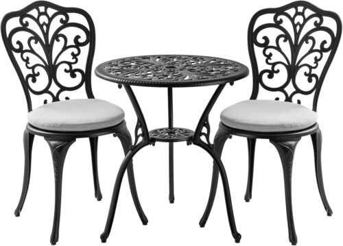 Withniture 3 Piece Bistro Patio Set Cast Aluminum Bistro Table and Chairs Set of 2 with Cushion,Outdoor Bistro Table Set with Umbrella Hole,Metal Patio Furniture Set for Garden,Black