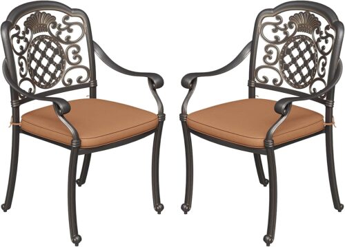 Garvee 2 Piece Patio Dining Chairs with Cushions, Outdoor All-Weather Cast Aluminum Chairs, Patio Bistro Dining Chair Set of 2 for Garden Deck Backyard, Dark Bronze