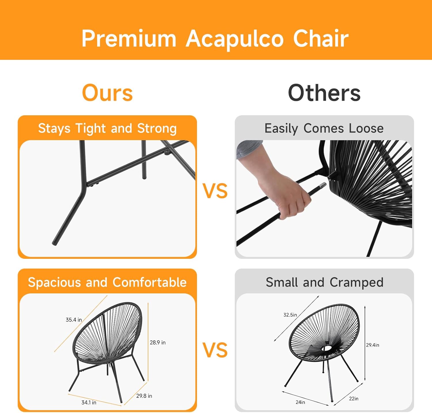 2 Piece Outdoor Acapulco Chair Set, Outdoor Patio Furniture Set, All-Weather Patio Bistro Set, Outdoor Furniture with Woven PE Rattan, Modern Conversation Set for Patio, Lawn, Balcony, Garden, Black - Image 4