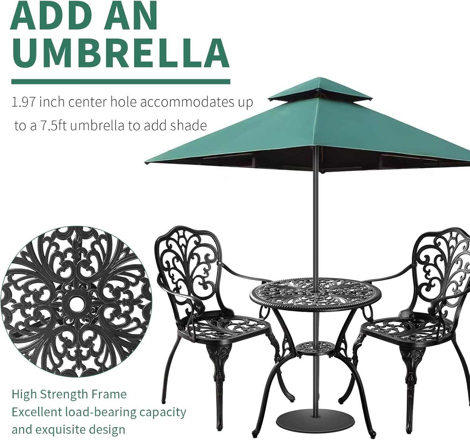 Withniture 3 Piece Patio Bistro Set Cast Aluminum Bistro Table and Chairs Set of 2 with Umbrella Hole,All Weather Metal Bistro Table Set,Outdoor Patio Furniture Set for Garden(Butterfly Black) - Image 6