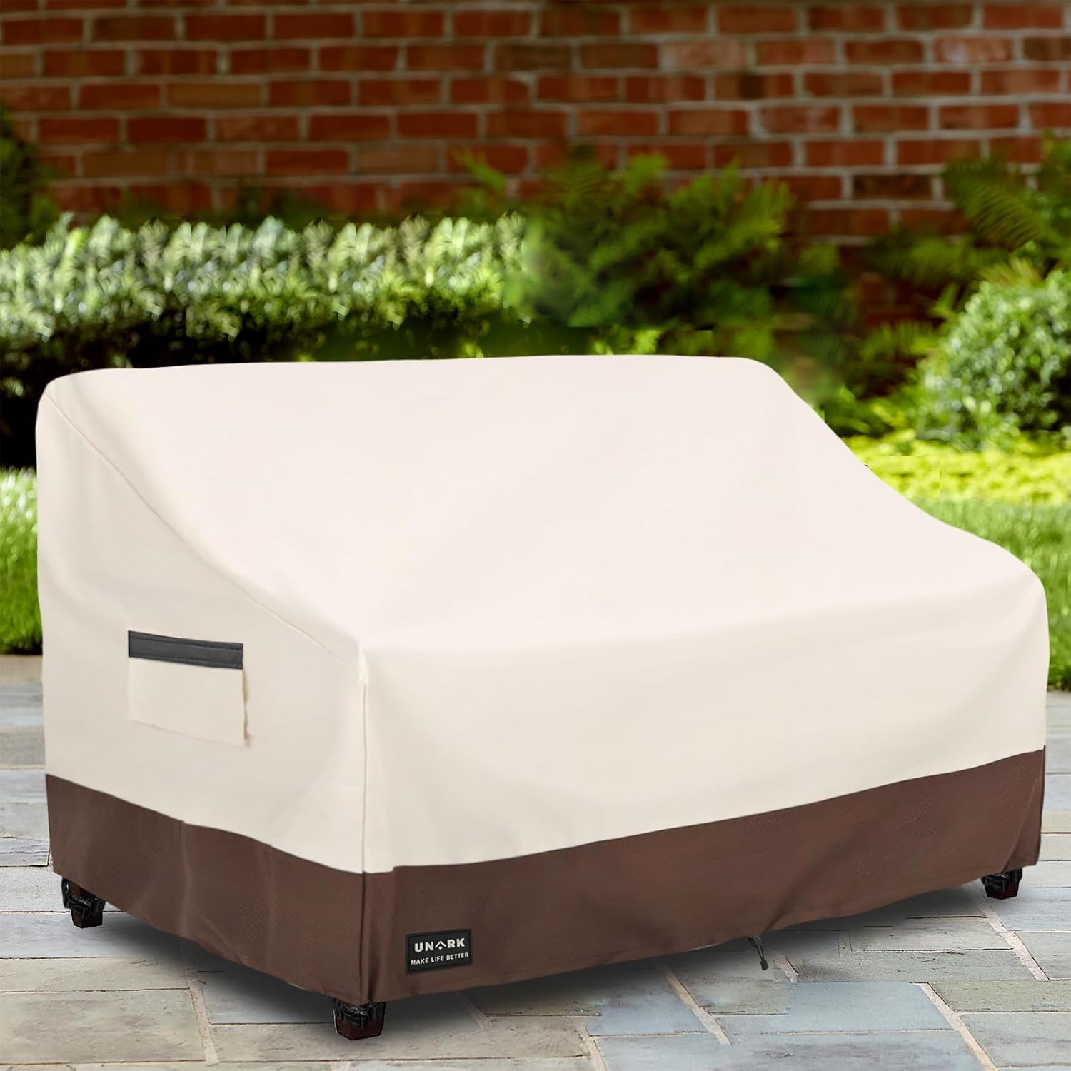UNARK Outdoor 3-Seater Sofa Cover, Heavy Duty Patio Furniture Covers Waterproof, 76W x 33D x 32H Inches Patio Couch Cover Waterproof Couch Covers for Outdoor Furniture, Beige and Brown - Image 2