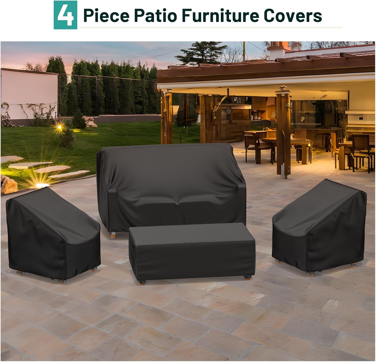 Mrrihand Patio Furniture Covers, 4 Piece Outdoor Furniture Cover Waterproof includ Ourdoor Sofa Cover, 2 Chair Covers, Coffee Table Cover with Windproof Buckle Strap and Adjustable Drawstring-Black - Image 7