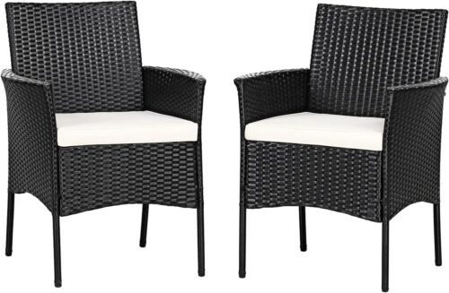 Patio Chairs Set of 2, All Weather Rattan Wicker Dining Chairs with Soft Removable Cushions, Armrest, Outdoor Dining Chairs for Garden, Pool, Backyard, Lawn, Porch, Black