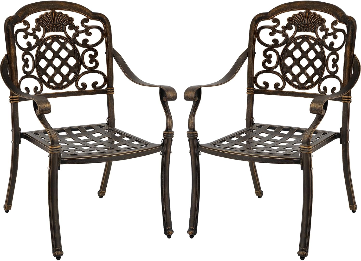 ZOTORUN Set of 2 Cast Aluminum Patio Dining Chairs, Outdoor Bistro Stackable Chairs with Armrest, Patio Chair with Adjustable Feet, for Balcony, Backyard, Garden (Bronze, Without Cushion)