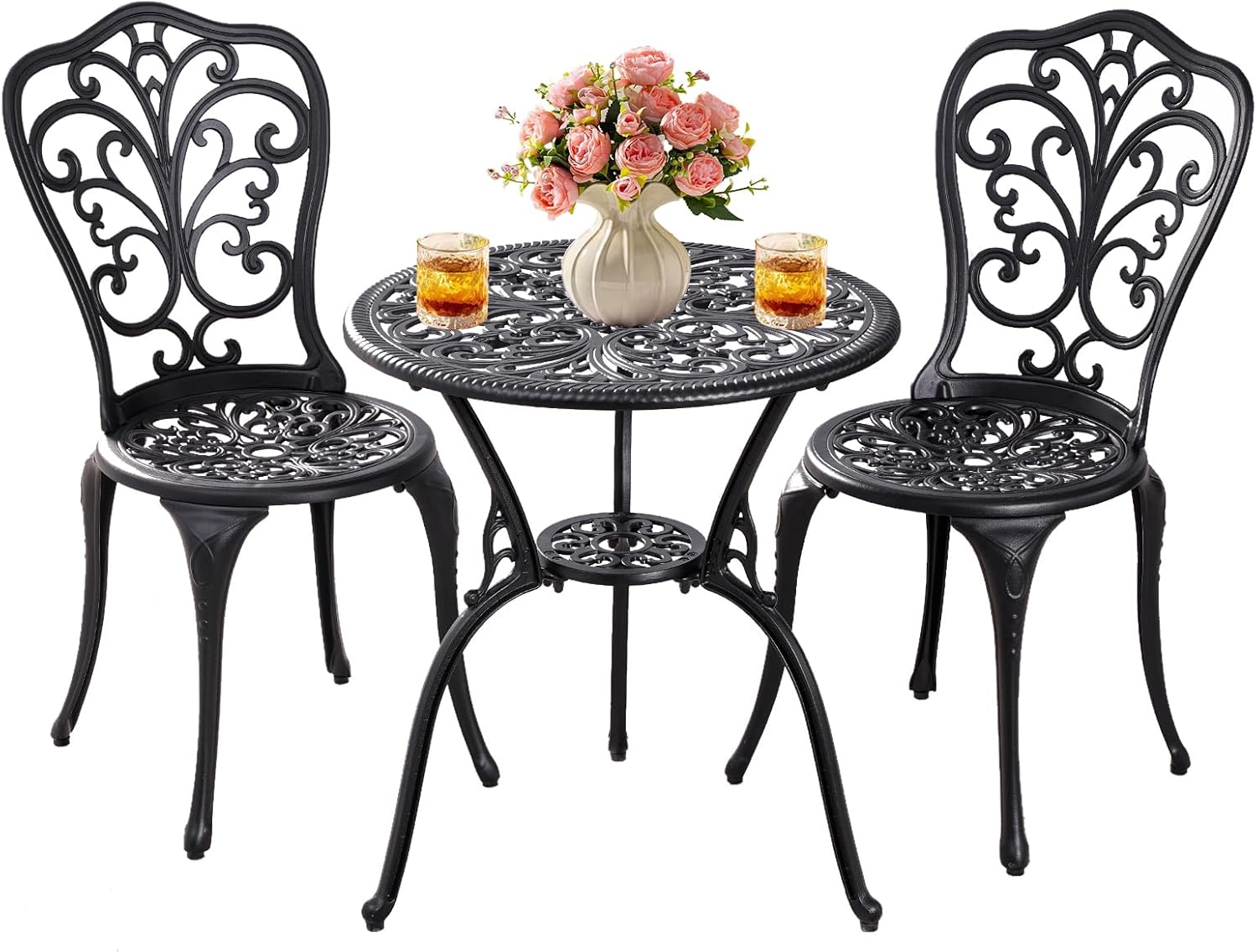 Withniture 3 Piece Patio Bistro Set Cast Aluminum Bistro Table and Chairs Set of 2 with Umbrella Hole,All Weather Metal Bistro Table Set,Outdoor Patio Furniture Set for Garden(Butterfly Black) - Image 15