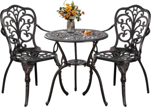 PATIO-IN Patio Bistro Set 3 Piece Cast Aluminum Bistro Set, Outdoor Bistro Table and Chairs Set of 2 with Umbrella Hole for Porch, Lawn, Garden, Backyard, Pool (Brown)