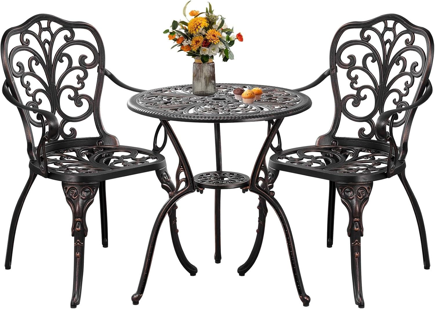 PATIO-IN Patio Bistro Set 3 Piece Cast Aluminum Bistro Set, Outdoor Bistro Table and Chairs Set of 2 with Umbrella Hole for Porch, Lawn, Garden, Backyard, Pool (Brown)
