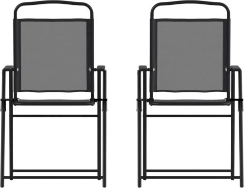 Flash Furniture Mystic Folding Patio Sling Chairs, Outdoor Textilene Lawn Chairs with Armrests, Set of 2, Black
