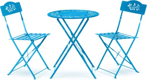 Alpine Corporation 3-Piece Bistro Set with Folding Table and 2 Chairs, Durable Steel Indoor/Outdoor Patio Furniture, Compact Seating, Blue