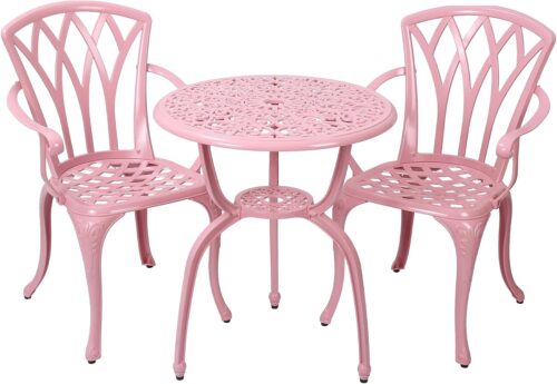 GXOUTAL 3-Piece Cast Aluminum Patio Bistro Set, Outdoor Rust-Resistant Furniture with 2 Chairs and Table (Pink)