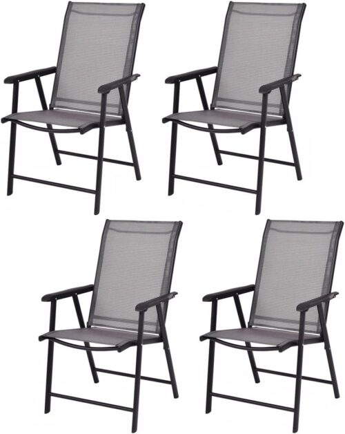 Giantex Set of 4 Folding Patio Chairs, Outdoor Portable Dining Chairs for Garden Camping Poolside Beach Deck Lawn, 4-Pack Sling Armchairs, Metal Frame, Grey