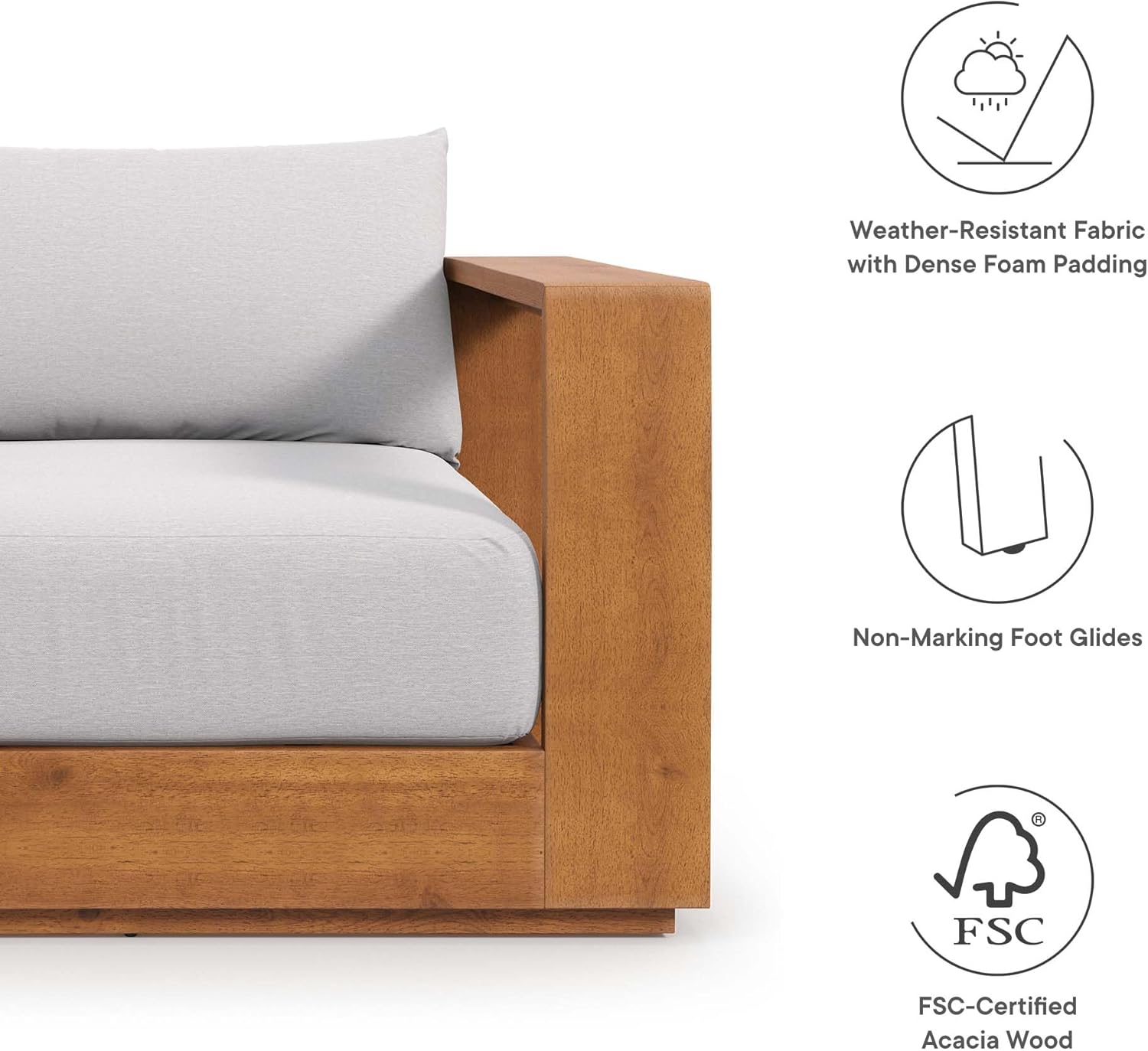 Modway Tahoe Acacia Wood 3-Piece Outdoor Patio Furniture Set in Natural Light Gray - Includes 2 Lounge Chairs with Weather-Resistant Cushions and Side Table - Image 5