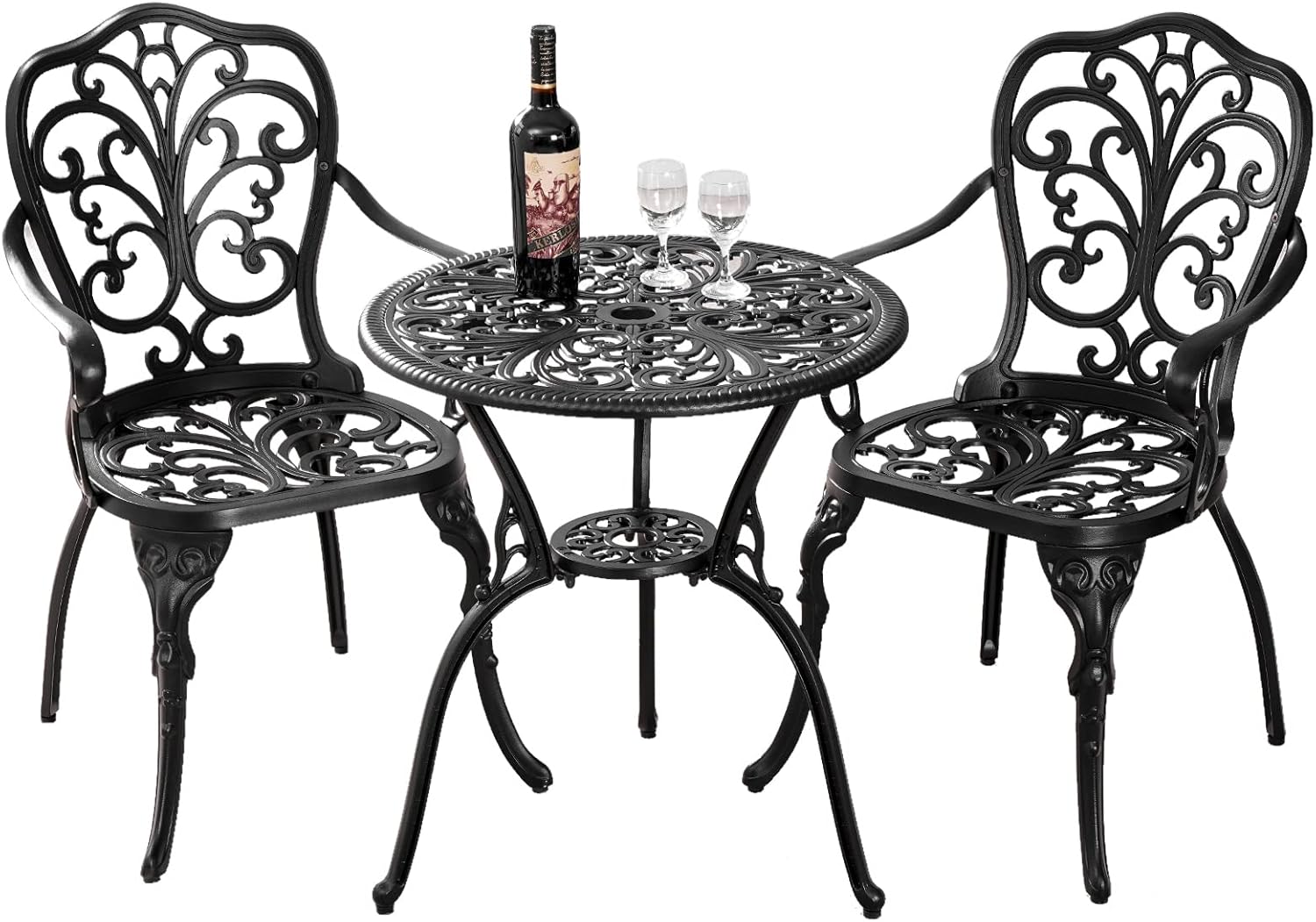 Withniture 3 Piece Patio Bistro Set Cast Aluminum Bistro Table and Chairs Set of 2 with Umbrella Hole,All Weather Metal Bistro Table Set,Outdoor Patio Furniture Set for Garden(Butterfly Black) - Image 8