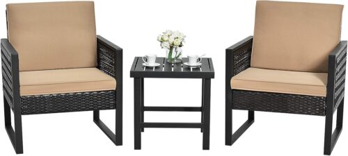 Tangkula 3 Piece Patio Wicker Bistro Set, Outdoor Rattan Sofa, Conversation Furniture w/Coffee Table, Seat and Back Cushions, Garden, Backyard, Balcony, Poolside