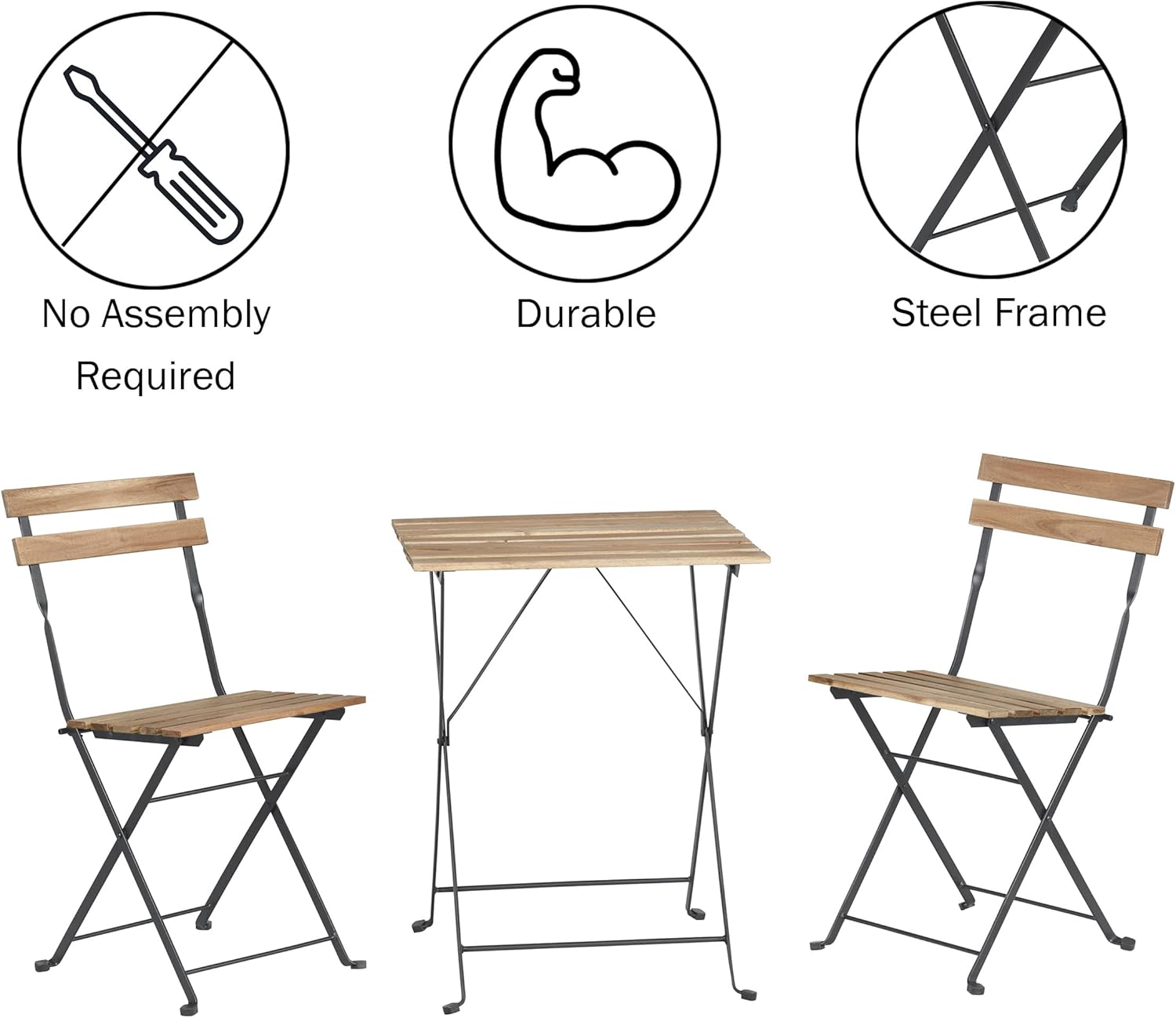Folding Patio Bistro Set u2013 3-Piece Acacia Wood and Steel Café Table and Chairs for Porch, Deck, Garden, or Balcony Furniture by Lavish Home (Brown) - Image 4