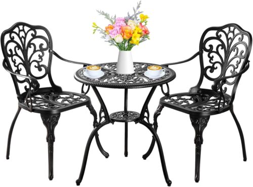 Withniture Bistro Set 3 Piece Outdoor, Bistro Table and Chairs Set of 2, All Weather Patio Bistro Set with Umbrella Hole, Patio Set for Garden, Black