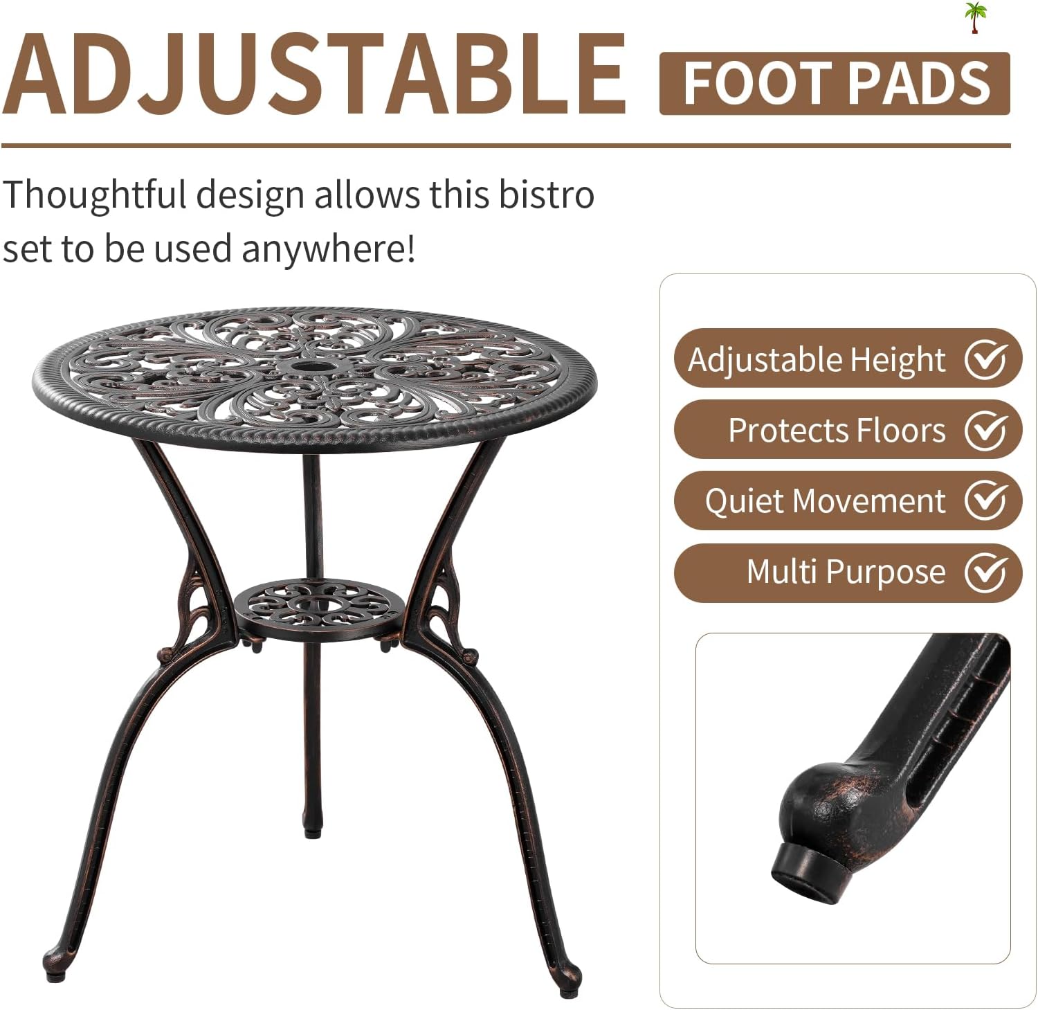 PATIO-IN Patio Bistro Set 3 Piece Cast Aluminum Bistro Set, Outdoor Bistro Table and Chairs Set of 2 with Umbrella Hole for Porch, Lawn, Garden, Backyard, Pool (Brown) - Image 5