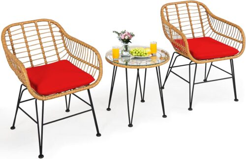 Tangkula 3 Pieces Patio Bistro Set, Rattan Conversation Set with 2 Cushioned Armchairs & Round Glass Coffee Table, Indoor Outdoor Wicker Furniture Set for Balcony, Backyard, Garden, Poolside