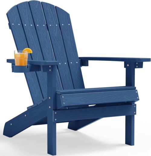 YEFU Adirondack Chair Weather Resistant: Outdoor Chair HIPS Plastic Adirondack Chairs - Patio Chairs with Wood Texture - Lawn Fire Pit Deck Porch Garden Chairs for Adults (Navy Blue)
