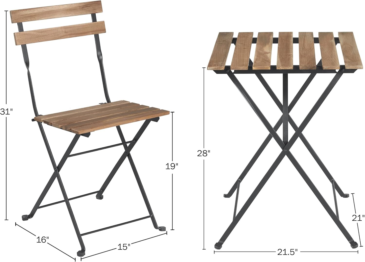 Folding Patio Bistro Set u2013 3-Piece Acacia Wood and Steel Café Table and Chairs for Porch, Deck, Garden, or Balcony Furniture by Lavish Home (Brown) - Image 3