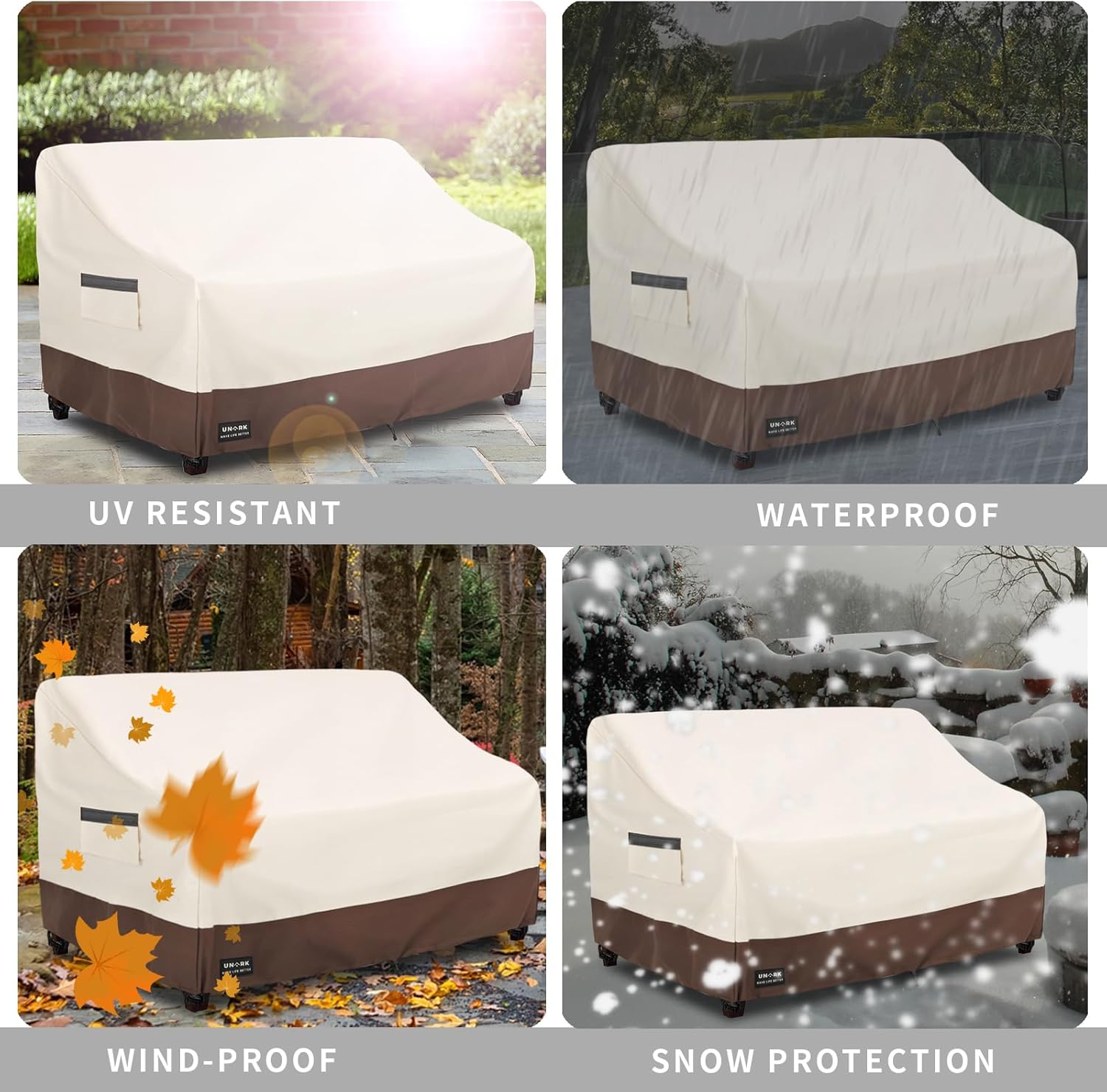 UNARK Outdoor 3-Seater Sofa Cover, Heavy Duty Patio Furniture Covers Waterproof, 76W x 33D x 32H Inches Patio Couch Cover Waterproof Couch Covers for Outdoor Furniture, Beige and Brown - Image 6
