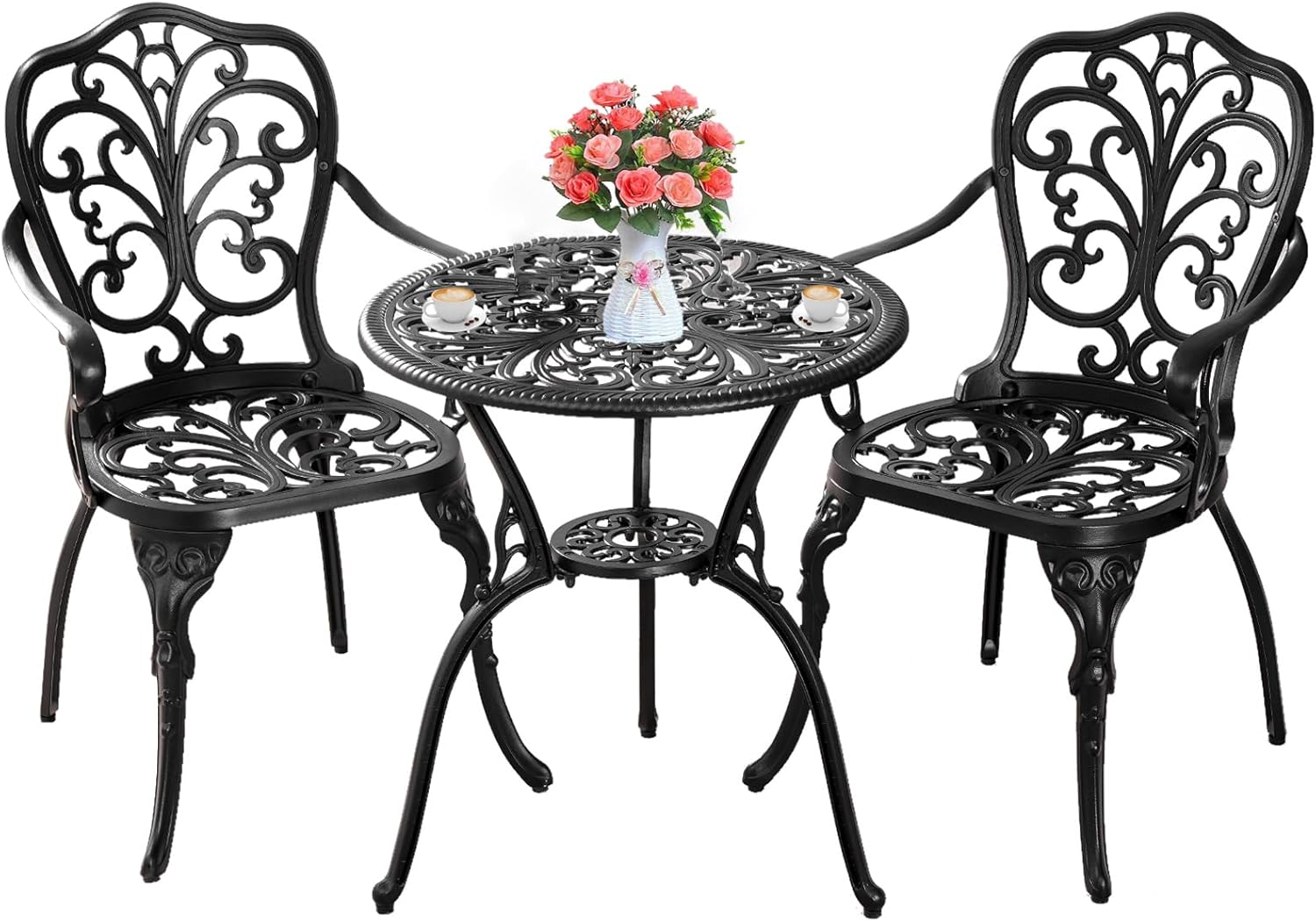 Withniture 3 Piece Patio Bistro Set Cast Aluminum Bistro Table and Chairs Set of 2 with Umbrella Hole,All Weather Metal Bistro Table Set,Outdoor Patio Furniture Set for Garden(Butterfly Black)