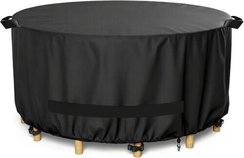 LBTING Round Patio Furniture Cover, Outdoor Table Chair Set Covers 48Dia x 28H Inches, 420D Waterproof Windproof Dust-proof UV-Resistant Furniture Cover - Black
