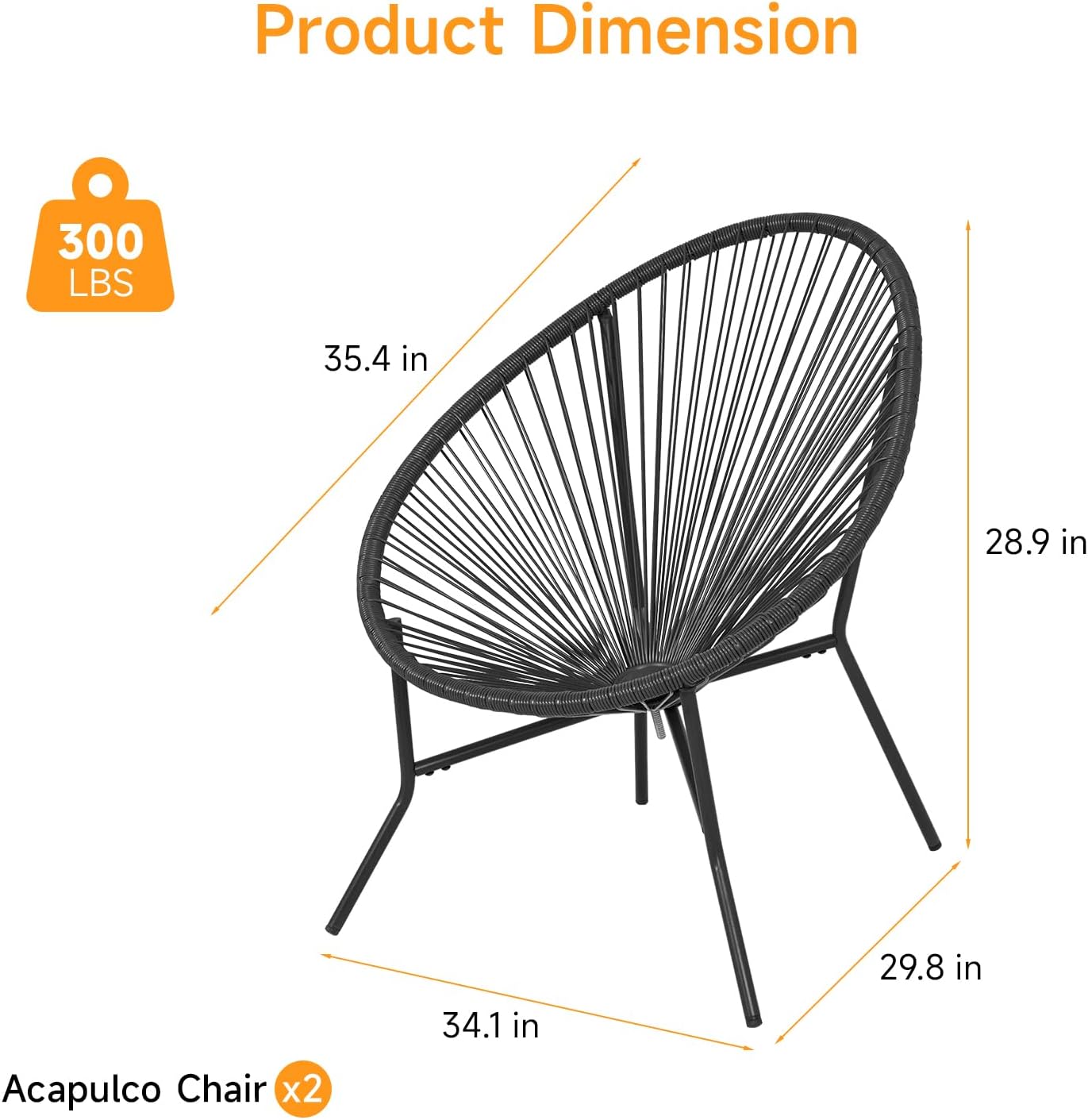 2 Piece Outdoor Acapulco Chair Set, Outdoor Patio Furniture Set, All-Weather Patio Bistro Set, Outdoor Furniture with Woven PE Rattan, Modern Conversation Set for Patio, Lawn, Balcony, Garden, Black - Image 3
