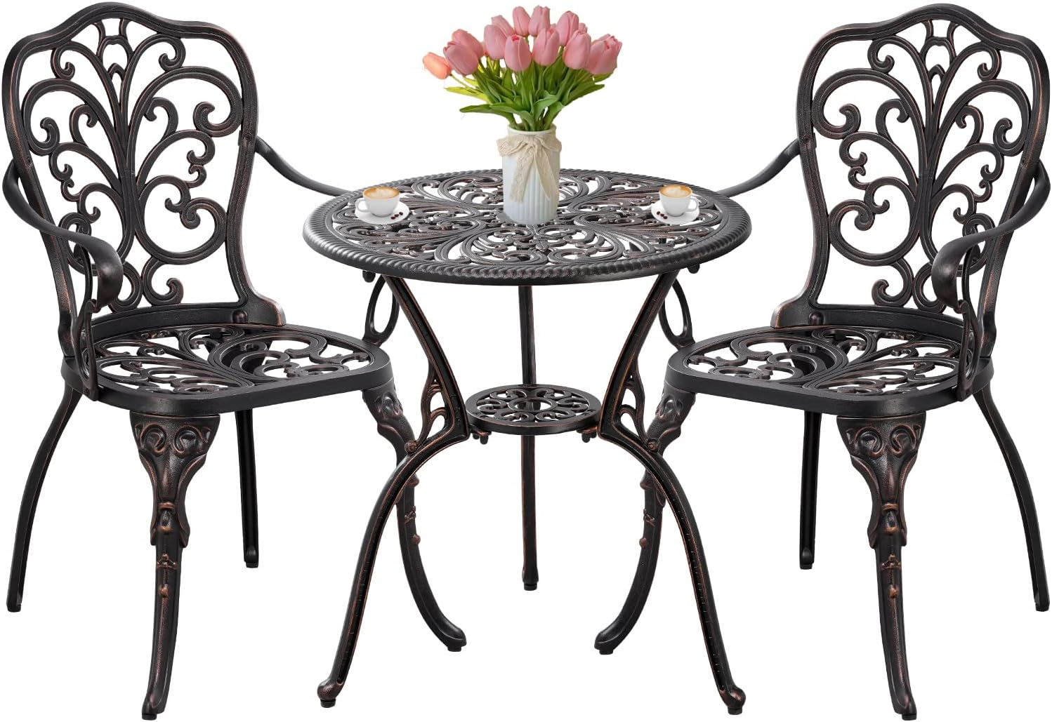 Withniture 3 Piece Patio Bistro Set Cast Aluminum Bistro Table and Chairs Set of 2 with Umbrella Hole,All Weather Metal Bistro Table Set,Outdoor Patio Furniture Set for Garden(Butterfly Black) - Image 9