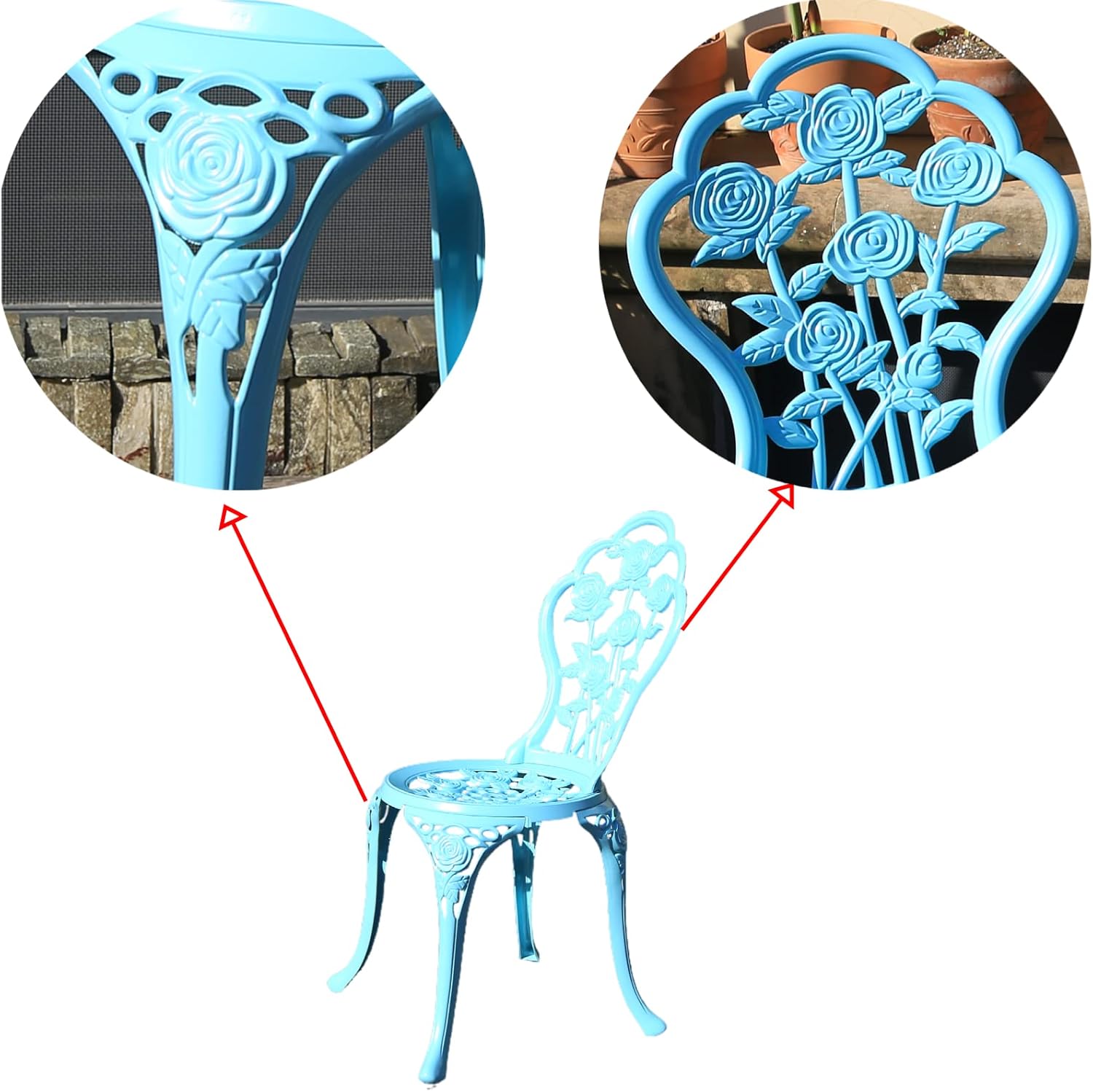 KAILI Outdoor Furniture Bistro Set with Rose Pattern 1 Table 2 Chairs for Garden Patio Porch (Rose-Light Blue) - Image 5