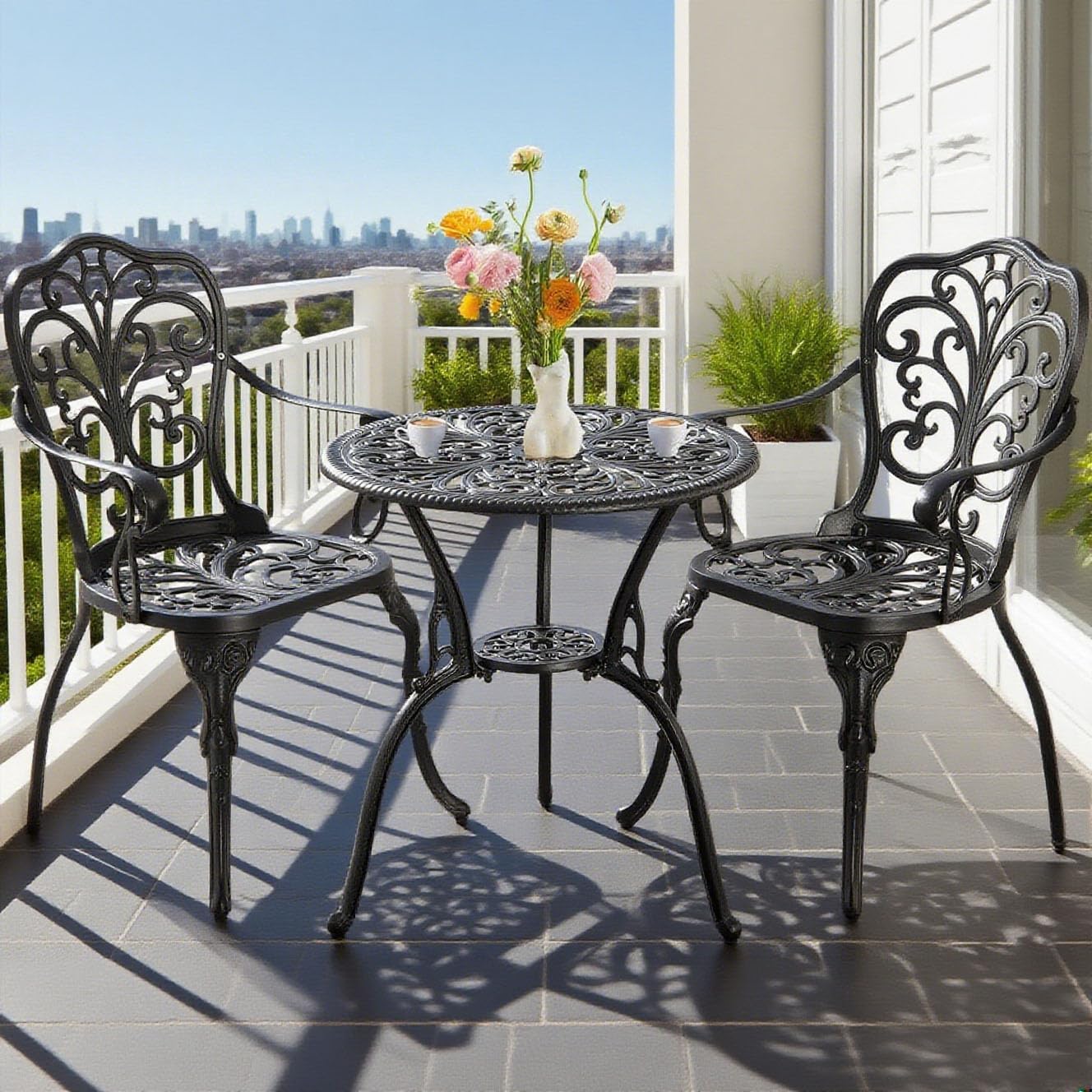 PATIO-IN Patio Bistro Set 3 Piece Cast Aluminum Bistro Set, Outdoor Bistro Table and Chairs Set of 2 with Umbrella Hole for Porch, Lawn, Garden, Backyard, Pool (Brown) - Image 10