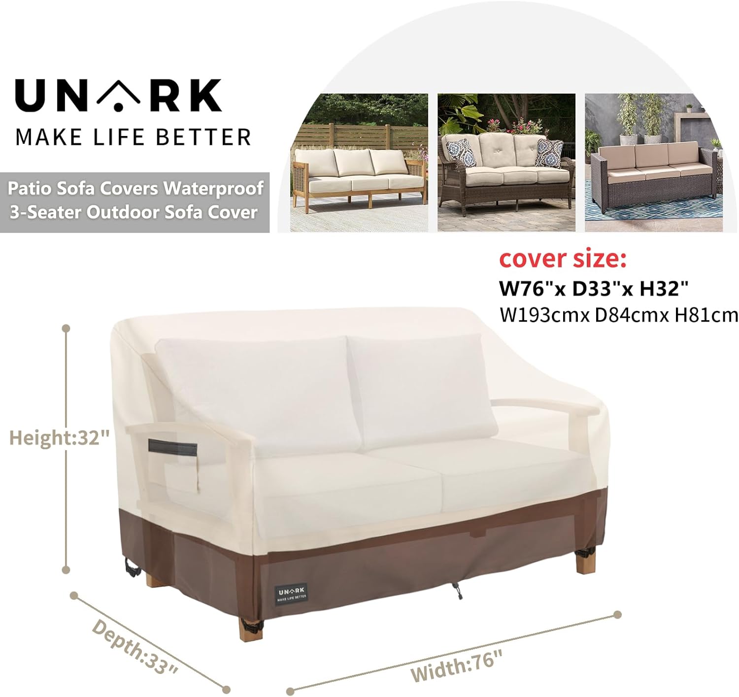 UNARK Outdoor 3-Seater Sofa Cover, Heavy Duty Patio Furniture Covers Waterproof, 76W x 33D x 32H Inches Patio Couch Cover Waterproof Couch Covers for Outdoor Furniture, Beige and Brown - Image 3