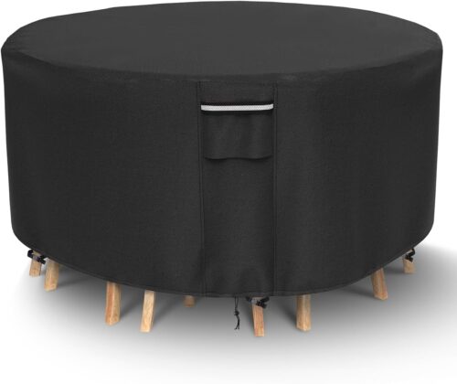 NYFITY Round Patio Furniture Covers, 500D Heavy Duty Waterproof UV Resistant Cover for Round Outdoor Dining Table & Chairs,62" Dia x 28" H -Black