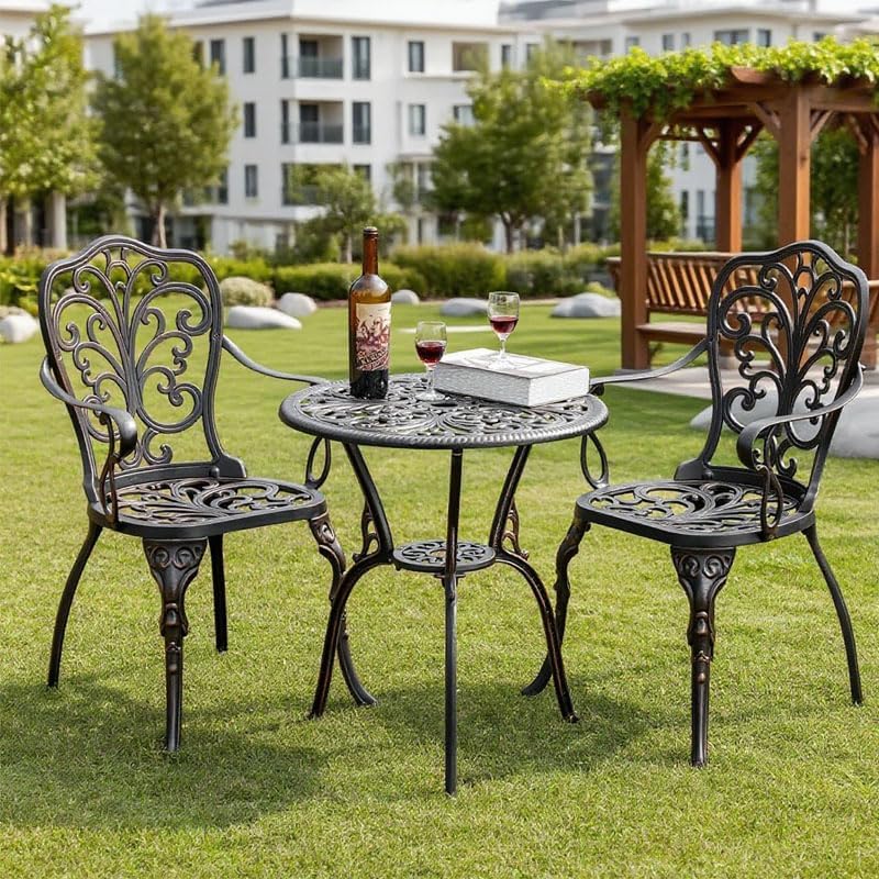 PATIO-IN Patio Bistro Set 3 Piece Cast Aluminum Bistro Set, Outdoor Bistro Table and Chairs Set of 2 with Umbrella Hole for Porch, Lawn, Garden, Backyard, Pool (Brown) - Image 2