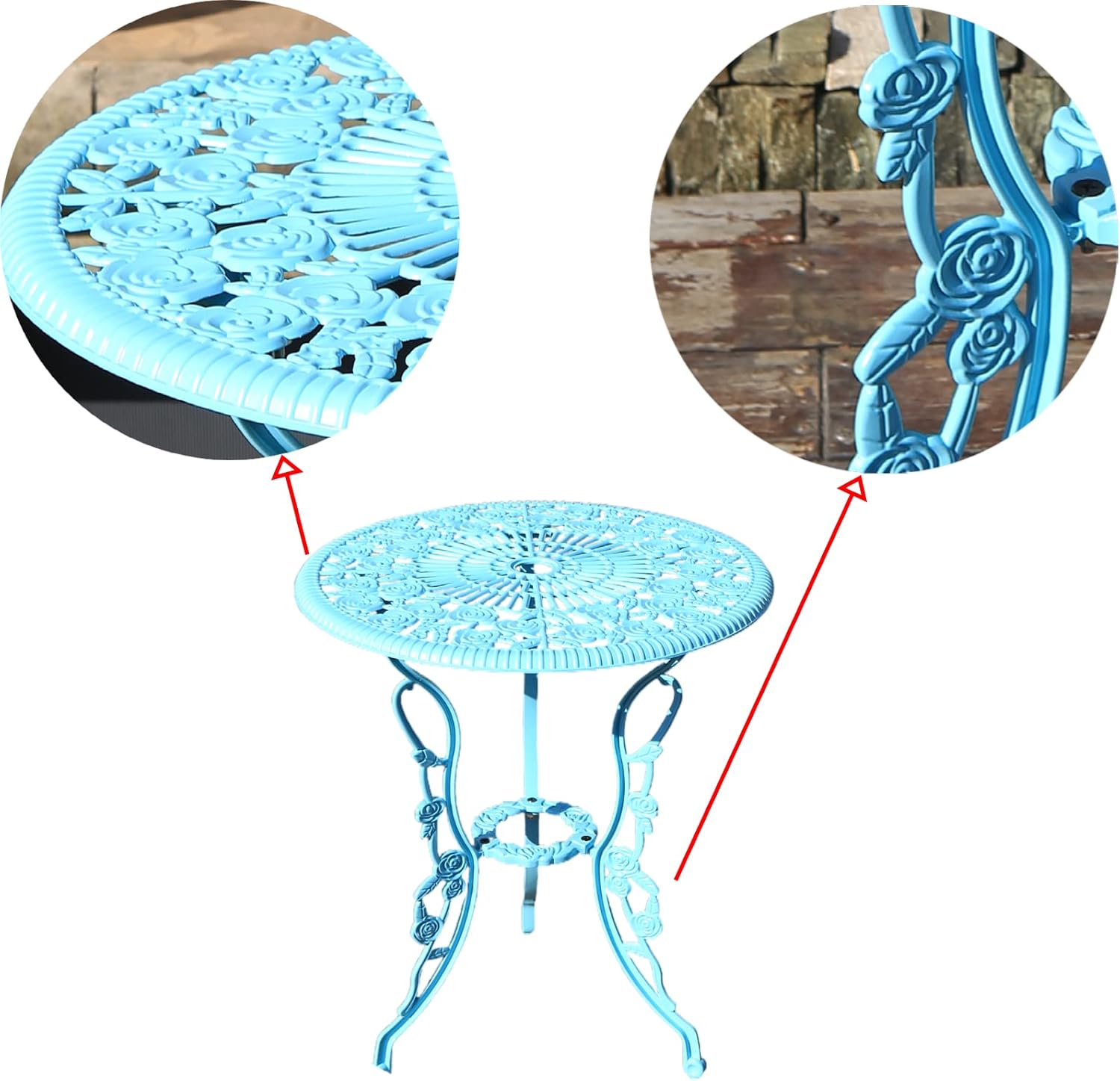 KAILI Outdoor Furniture Bistro Set with Rose Pattern 1 Table 2 Chairs for Garden Patio Porch (Rose-Light Blue) - Image 4