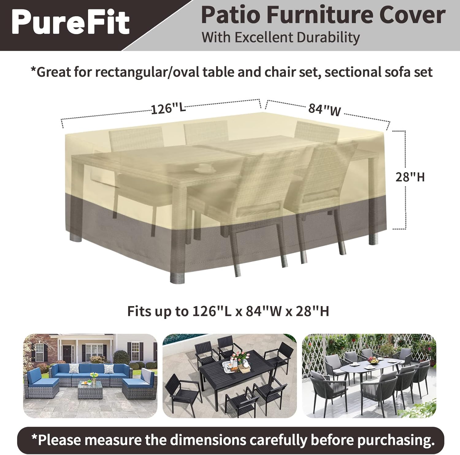 PureFit Patio Furniture Covers, Outdoor Table Furniture Cover Waterproof Canvas Rectangle 650D Patio Covers for Outdoor Furniture, Lawn, Deck, Backyard, Anti-fade & Tear Resistant, 126"L x 84"W x 28"H - Image 2