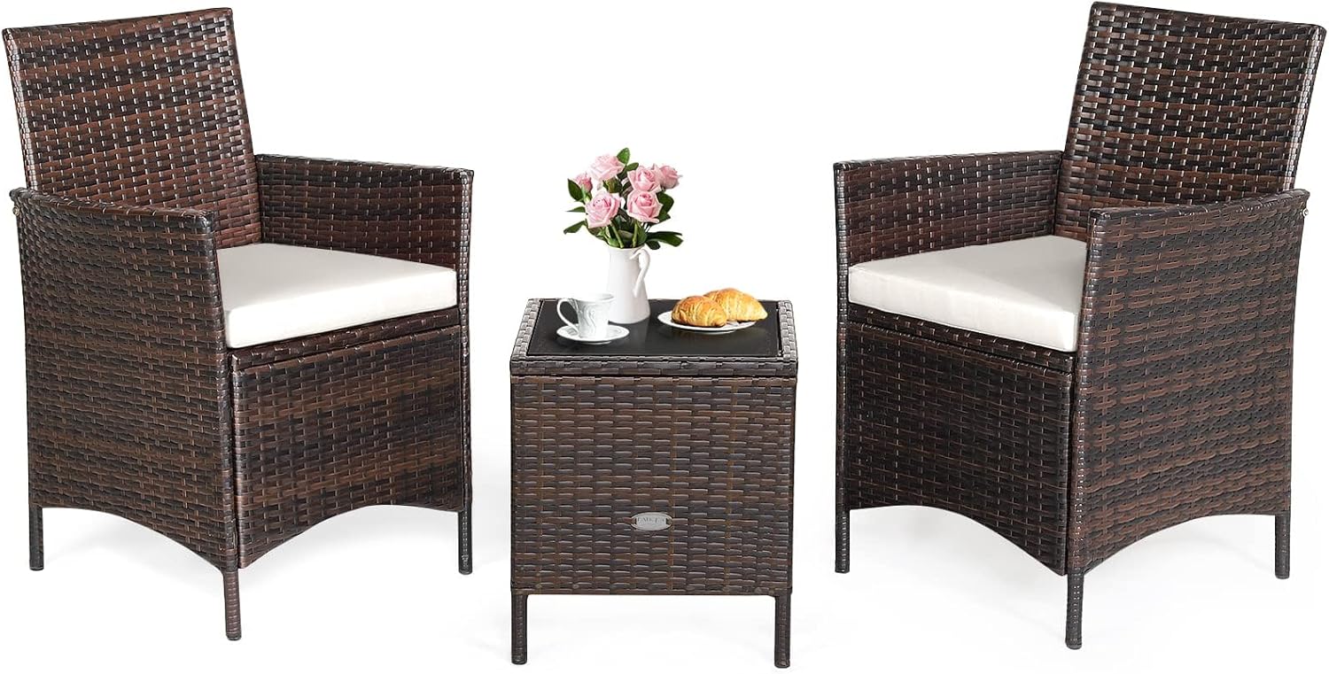 HAPPYGRILL 3 Pieces Rattan Patio Bistro Set, PE Wicker Furniture Set Outdoor Conversation Set with Coffee Table & Soft Cushions Porch Furniture Set for Garden Lawn Poolside Backyard - Image 8