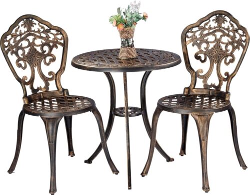 ZOTORUN Bistro Set 3 Piece Rustproof Cast Aluminum Patio Furniture Sets 2 Chairs and 1 Round Table Outdoor, Garden, Patio, Balcony, Bronze